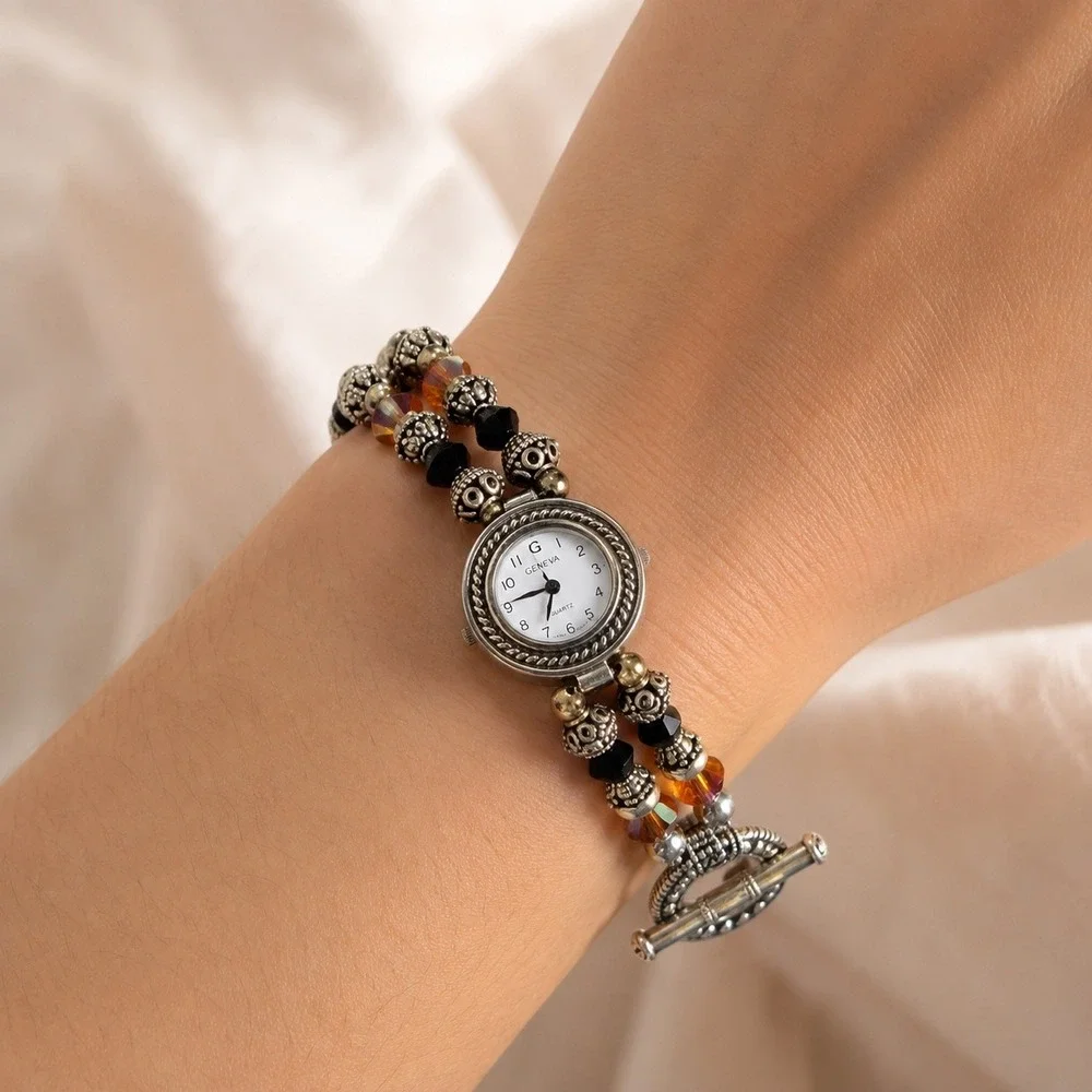 Geneva Boho Silver Gold Beaded Bracelet Watch Toggle Clasp Mixed Metal - 7.5